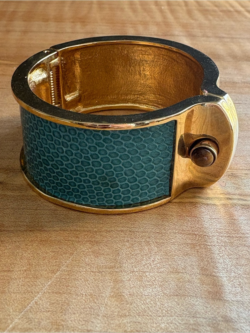 Kara Gold-Tone Cuff Bracelet with Teal Snake-Texture Inlay & Tiger Eye